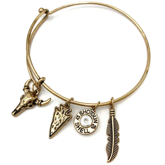 Gold Western Bangle Longhorn Feather Charms Bracelet